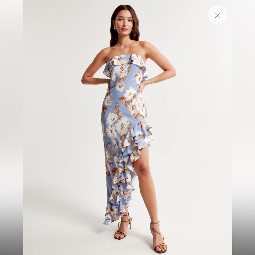 Strapless Asymmetrical Ruffle High-Low Maxi Dress Abercrombie